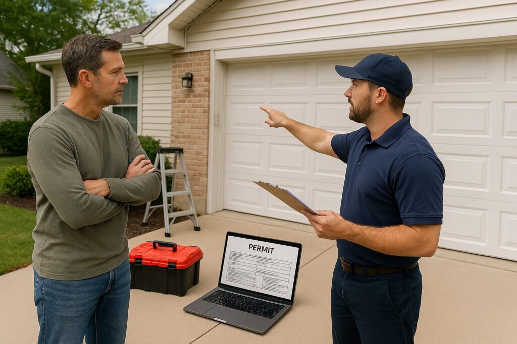 New Garage Door Installation for Attached vs. Detached Garages 3 New garage door installation meeting safety standards and building code compliance, featuring proper hardware, secure mounting, and approved safety sensors.