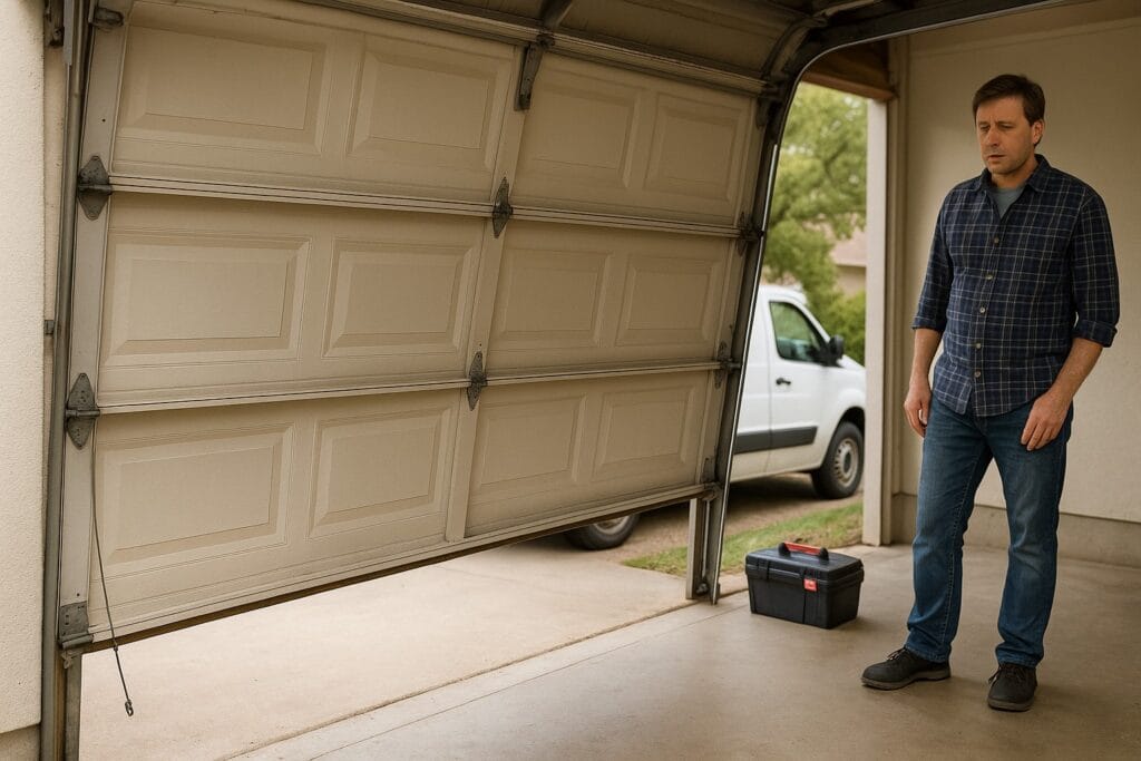 Homeowner standing next to a misaligned garage door stuck mid-way, indicating a possible snapped cable and the need for garage door cable replacement.