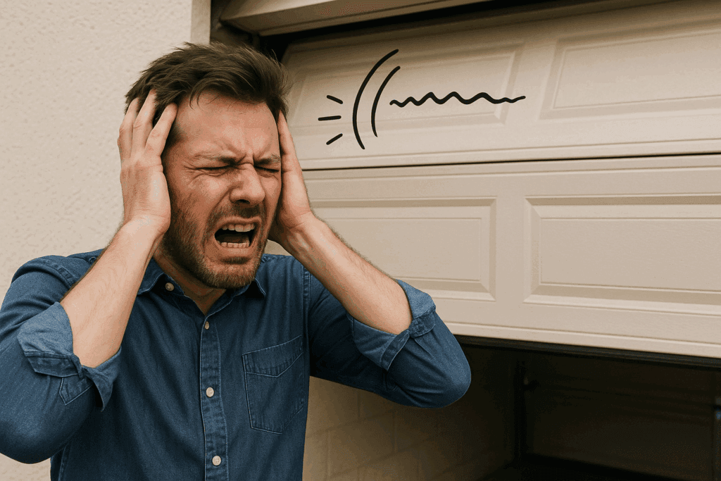 Frustrated man covering ears from noisy garage door, showing need for garage door repair.