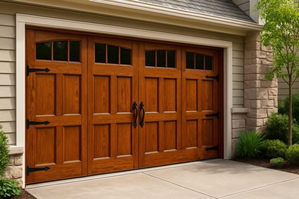 Elegant wood-style carriage modern garage doors with decorative hardware.
