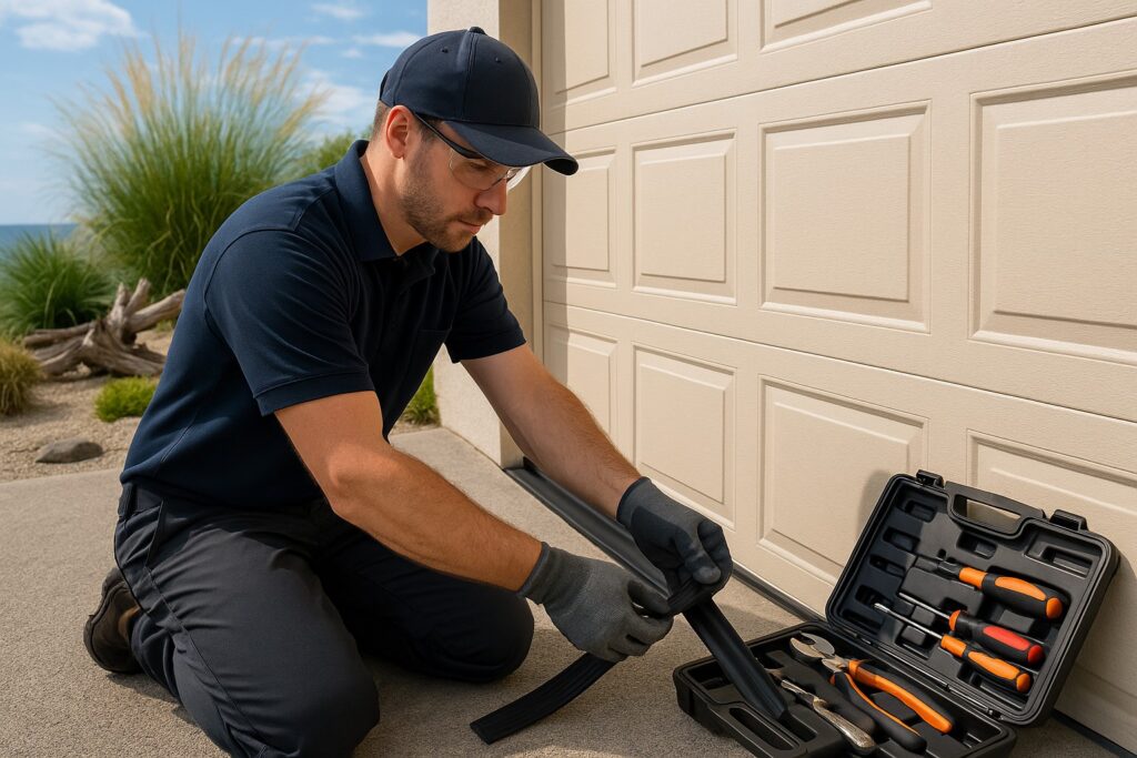 Technician installing garage door weather stripping with tools for proper sealing.