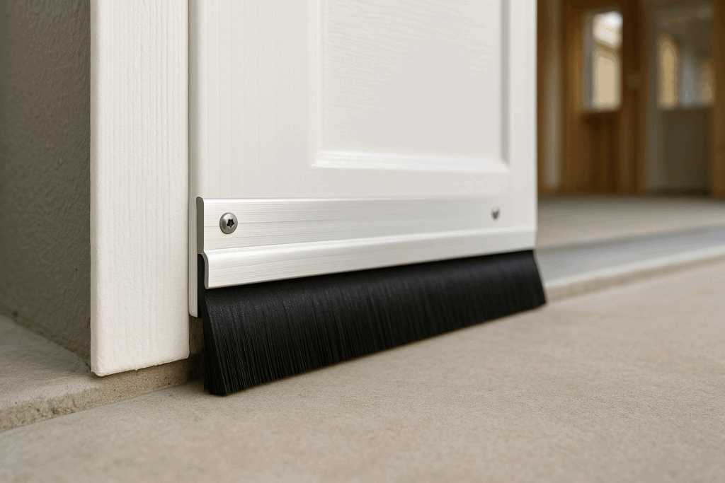 Garage door weather stripping with a brush seal sweep for energy efficiency and protection.