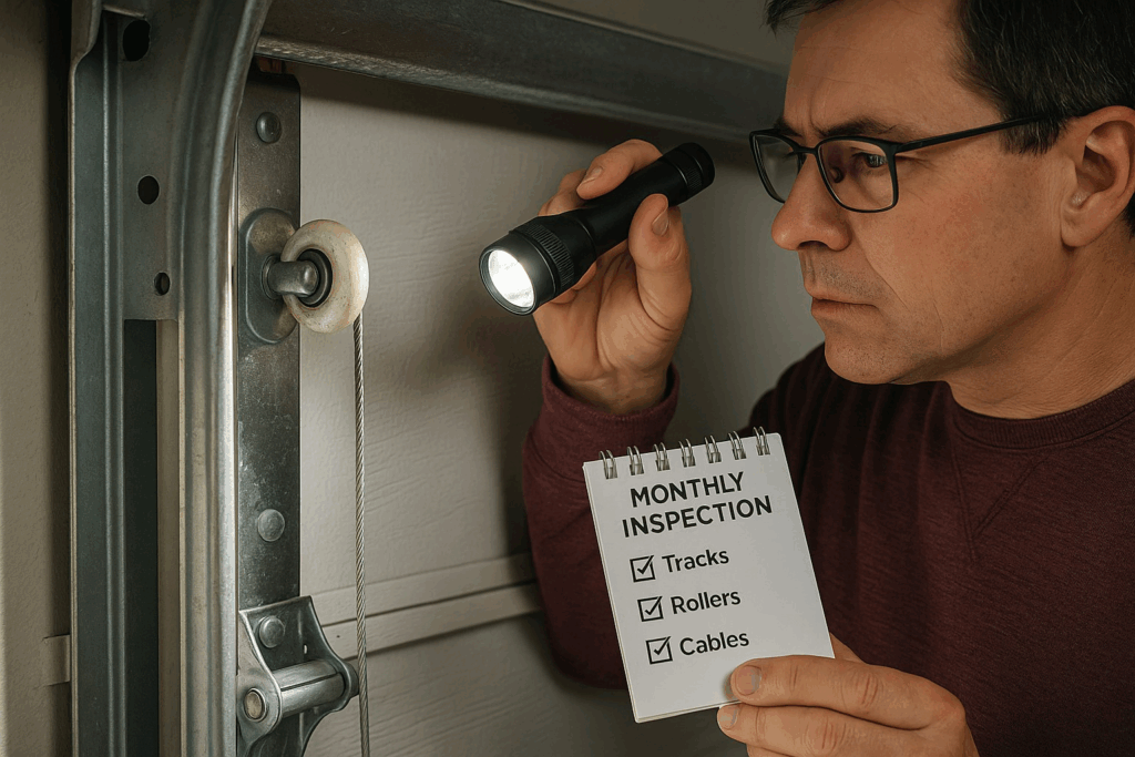 Man using flashlight for monthly inspection checklist to repair garage door tracks, rollers, and cables.