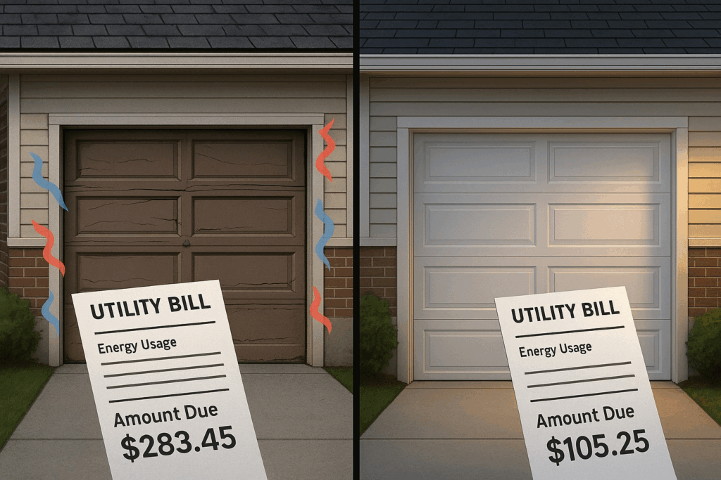 Side-by-side comparison showing old garage door with high utility bill of $283.45 versus energy-efficient garage door with lower bill of $105.25, highlighting savings from repair garage door upgrades.