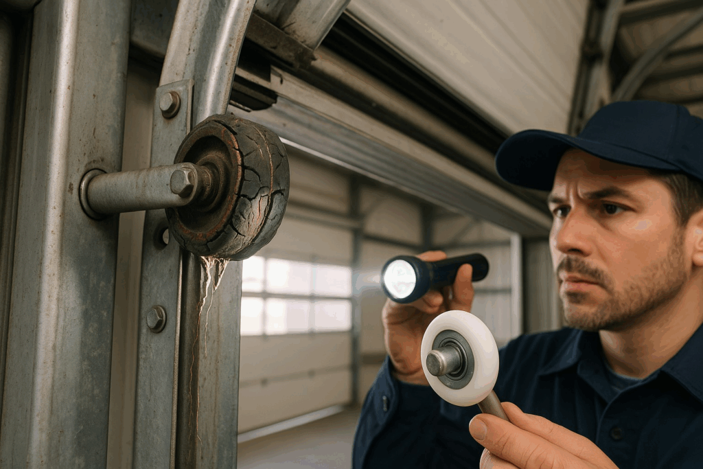 Technician inspecting worn rollers and replacing parts during commercial garage door repair.