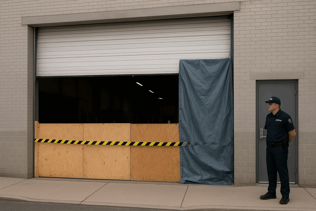 Secured warehouse entrance with temporary cover awaiting commercial garage door repair.