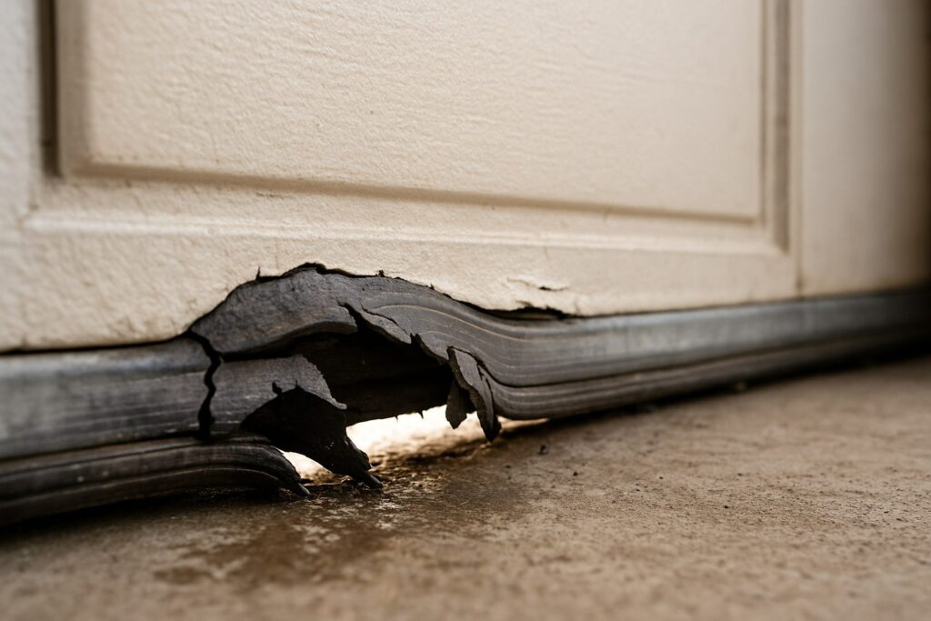 Worn and damaged bottom seal shown during garage door maintenance highlighting need for weatherstripping replacement.