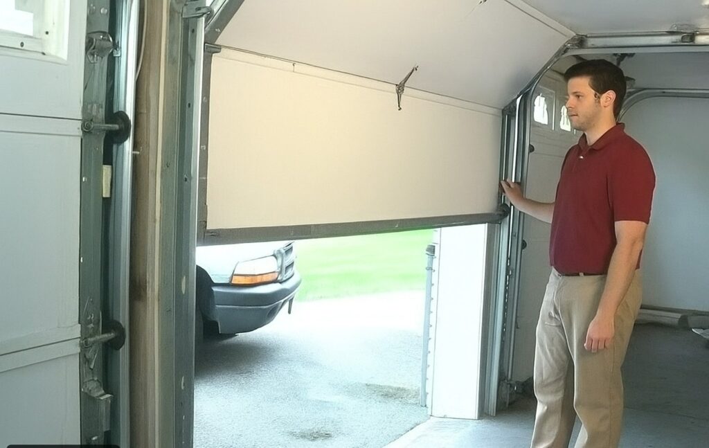 Homeowner testing the door’s balance during a garage door tune-up to ensure smooth and safe manual operation.
