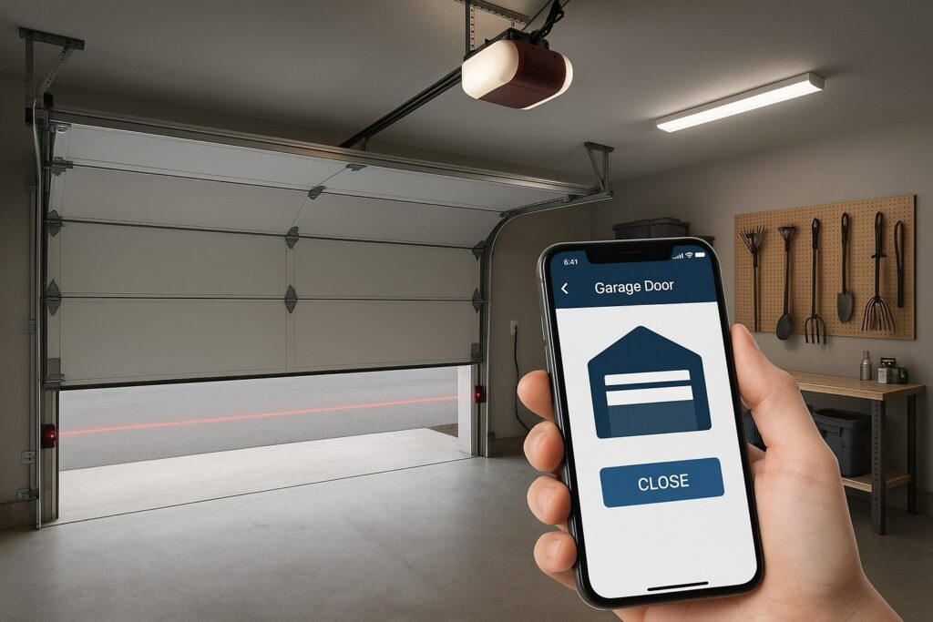 Smartphone controlling smart system after garage door opener repair in a modern residential garage.